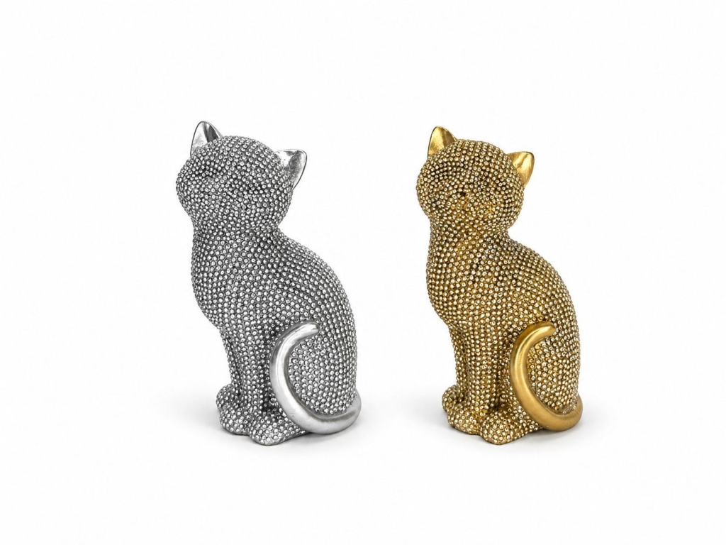 ENFEITE CERAMICA (RESINA) GATO SENTADO C/BRILHO PRATA/DOURADO REF:MGTO-04D/04S - UNID