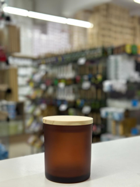 PORTA VELA DE VIDRO 220ML R:23123 FOSCO AMBAR C/TP MADEIRA - UNID